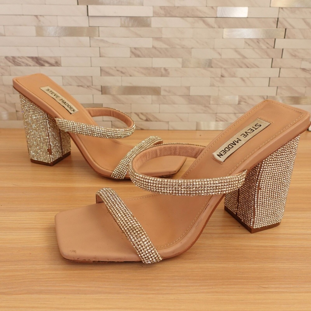Y2K Glam STEVE MADDEN Sandals 7 Tan Silver Rhinestone McBling Square Toe Party